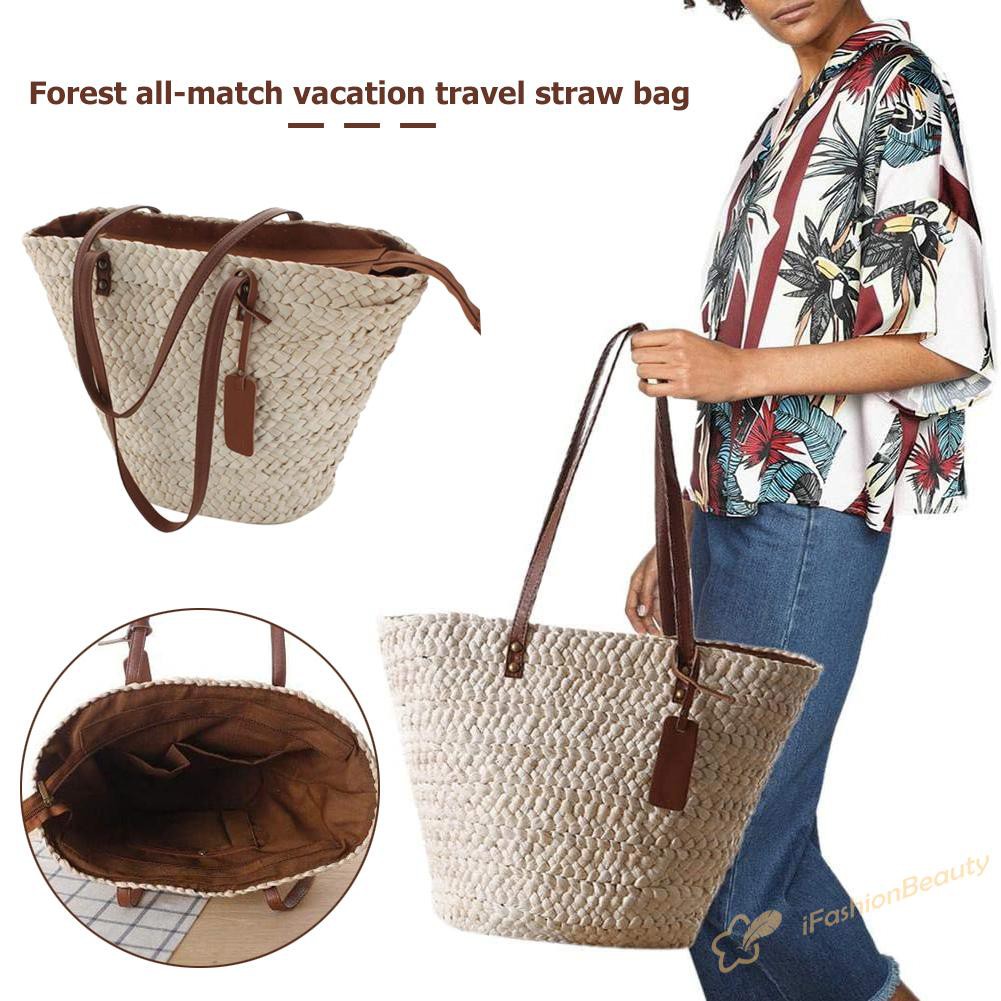Women Beach Woven Shoulder Bag Holiday Totes Travel Bucket Straw Handbags