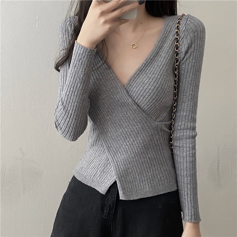 [XẢ HÀNG] ÁO LEN CỔ V VẠT CHÉO LEN TĂM ÔM