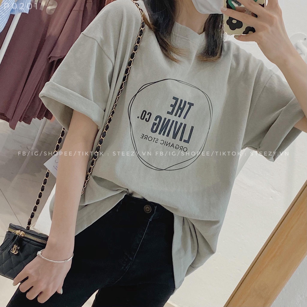 [P0201] Áo thun áo phông unisex in vòng tròn THE LIVING form rộng vải cotton mặt lông dày(Có sẵn/Ảnh thật)