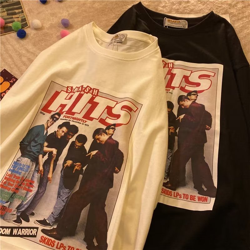 Áo Thun Ngắn Tay Cổ Tròn Dáng Rộng In Hình Phong Cách Retro Mỹ Giản Dị Dành Cho Nữ Và Nam