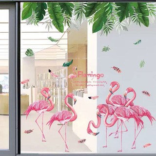 Decal dán tường tán lá xanh kết hợp hạc hồng flamigo