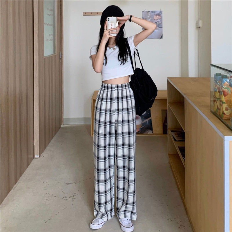 Plaid pants women loose straight 2021 new summer thin casual pants high waist thin mopping pants trend