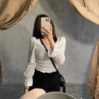 JANET STUDIO • Áo cổ vuông 3 thun eo trắng
