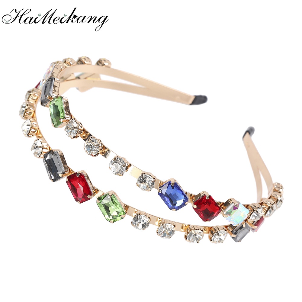 Băng đô cài tóc Haimeikang vành rộng 2 lớp bằng hợp kim đính đá nhiều màu thời trang Âu Mỹ sáng tạo cho nữ