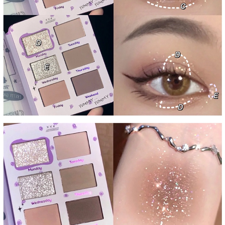 [Hàng mới về] Bảng phấn mắt 6 màu lì và ánh nhũ chống thấm nước dễ lên màu