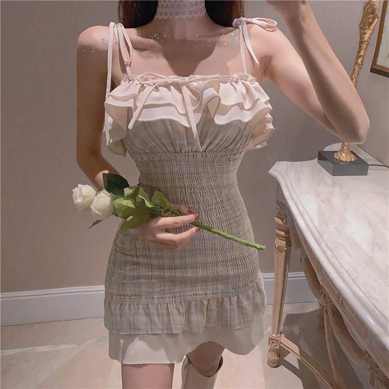 JANE'S sẵn Đầm cổ tích ôm body phối bèo nhún sóng kẻ ô màu sắc tinh tế quyễn rũ có chút VINTAGE J0376 4 ẢNH THẬT CUỐI