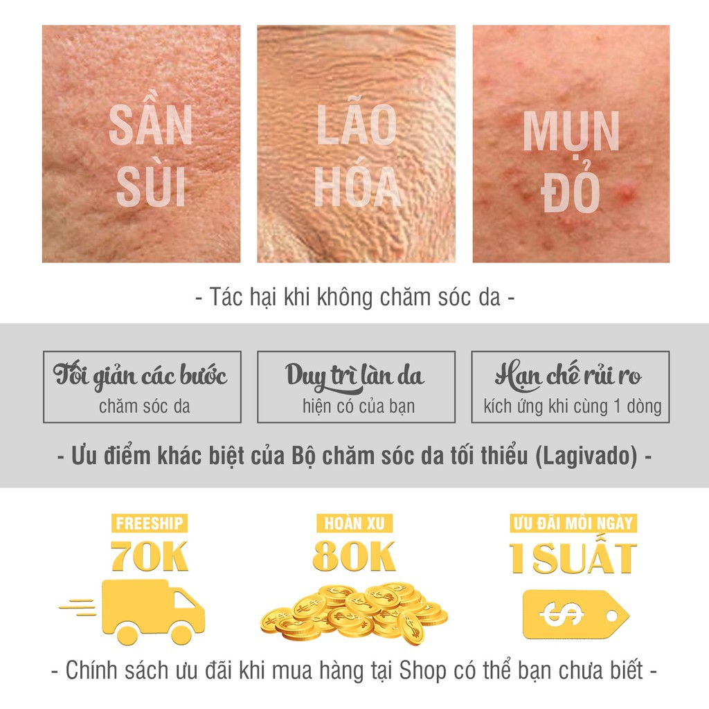 Bộ chăm sóc da mặt Lagivado gồm sữa rửa mặt dịu nhẹ, toner trắng da và kem chống nắng cho da dầu mụn