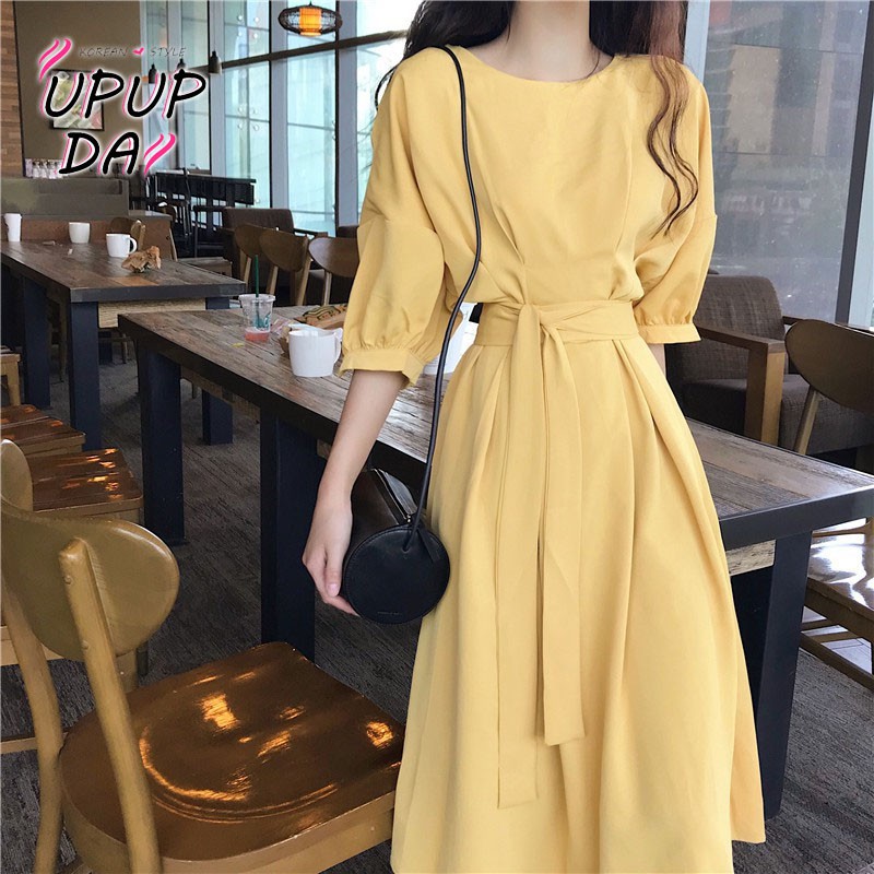 Đầm Hàn Quốc Dáng Dài Qua Gối Ôm Eo S-XL Zhixun Pháp Tình Yêu Đầu Tiên Xianxian Hyuna Hẹp Eo Hẹp Hoa Chuông