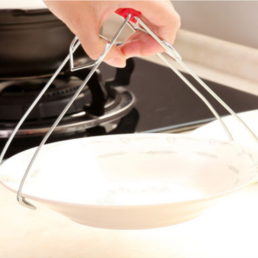 Dụng Cụ Kẹp Gắp Chén Dĩa nóng bằng thép không gỉ có thể gấp gọn tiện dụng cho nhà bếp ( CÁN ĐỎ )