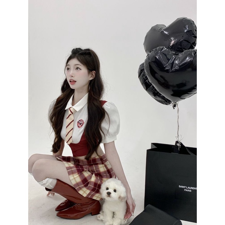 Bộ Đồng Phục Áo Sơ Mi Giả Hai Mảnh + Chân Váy Ngắn Phong Cách Preppy Độc Đáo Thời Trang Mùa Hè 2022