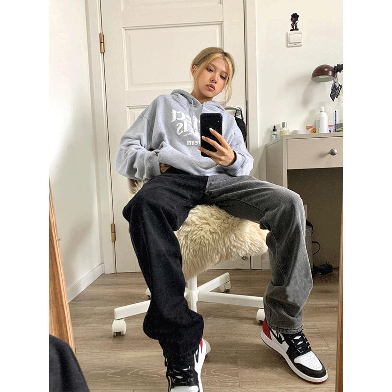 Quần Jeans Dài Lưng Cao Dáng Rộng Màu Sắc Tương Phản Phong Cách Âu Mỹ Thời Trang Cho Nữ