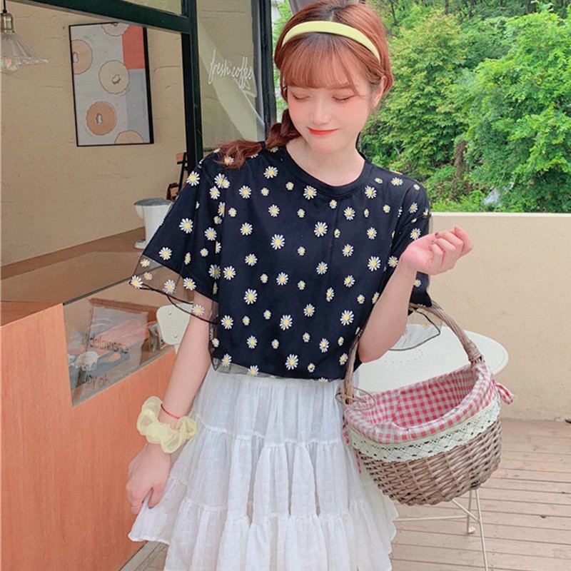 Summer Women Short Sleeve O-Neck Printed Mesh Tee Tops T Shirt Loose Daisy Tops | BigBuy360 - bigbuy360.vn