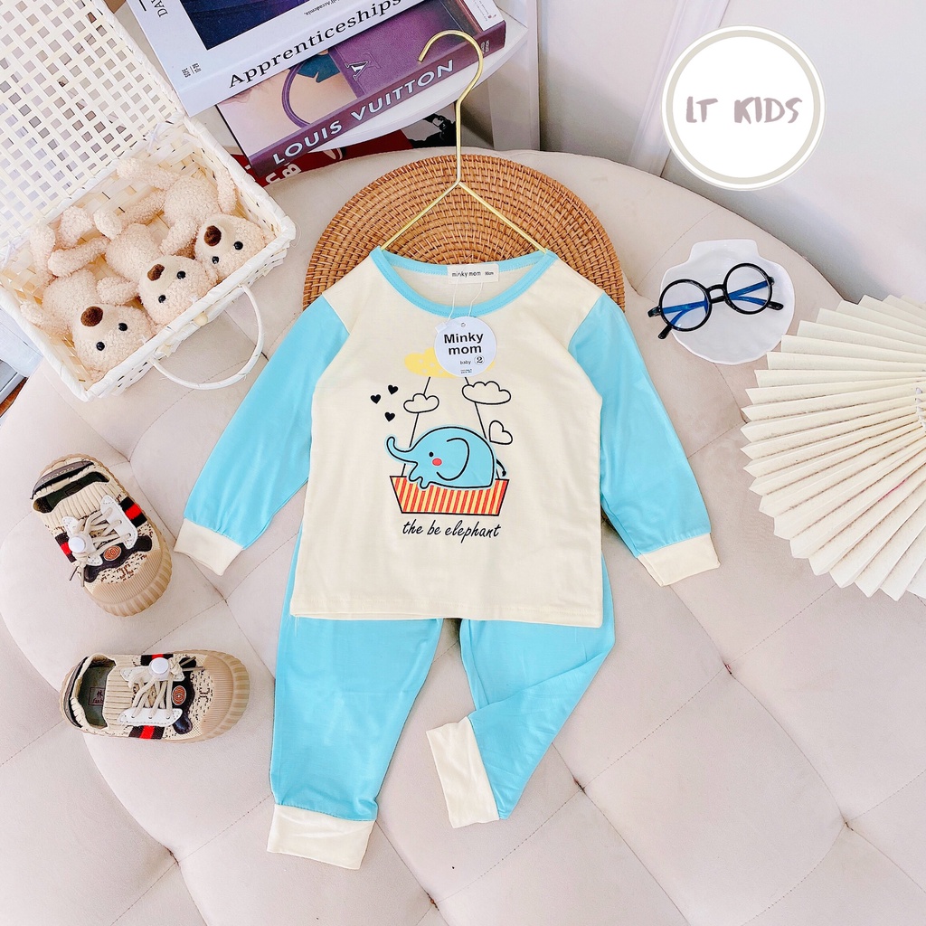 Bộ Thun Dài Bé Trai Bé Gái Vải Thun Lạnh Xuất Hàn In Hình Con Voi , Quần Áo Thun Trẻ Em Dài Tay Thu Đông Minky Mom