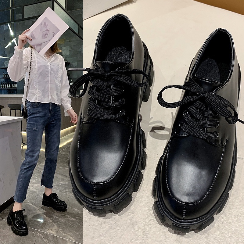 Giày Da Mũi Tròn Đế Dày Buộc Dây Màu Trơn Thời Trang Cho Nữ