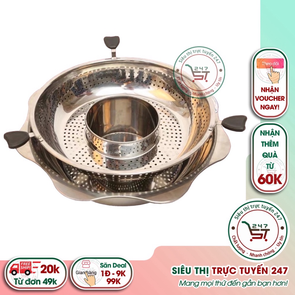 Nồi lẩu inox xoay 2 tầng Hàn Quốc, Nồi nấu lẩu inox dùng được cả bếp từ và bếp gas tiện dụng