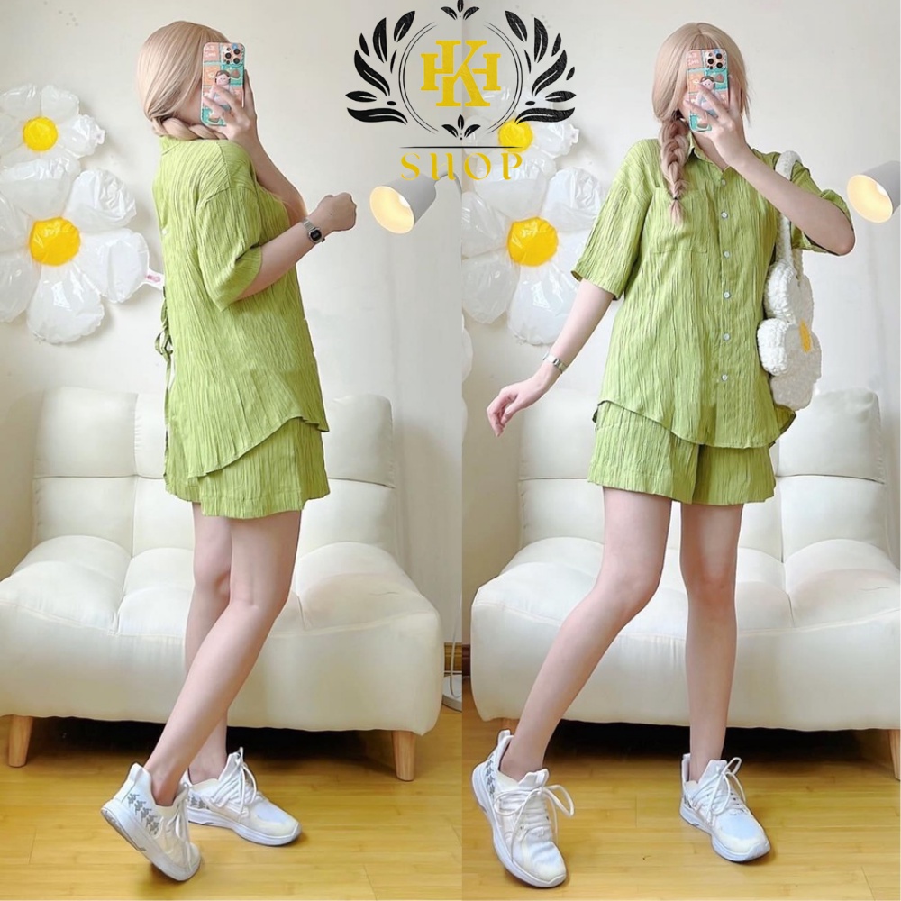 Áo sơ mi xẻ tà + Quần short 💖 Thiết kế xẻ tà hở lưng sau, Màu xanh bơ hottrend 2022, Chất vải đũi gân Quảng Châu HK shop