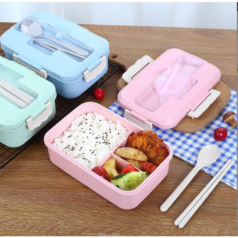 Hộp cơm văn phòng 3 ngăn kèm đũa thìa lúa mạch an toàn tiện lợi (có thể sử dụng với lò vi sóng)