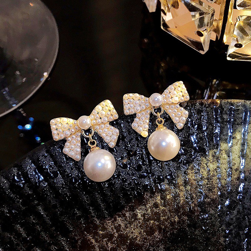 Khuyên Tai Hình Nơ Đính Đá Ngọc Trai Phong Cách Cổ Điển Mới