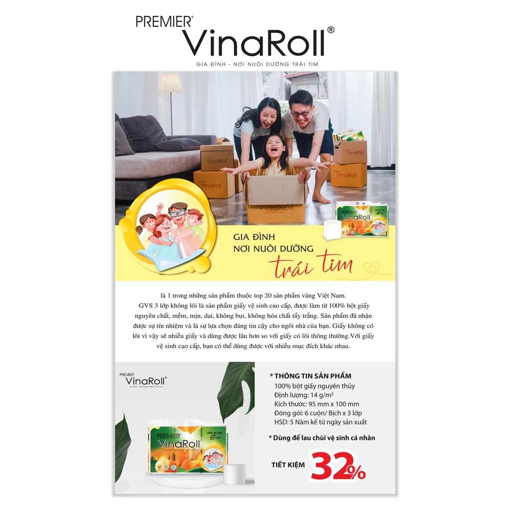 Giấy vệ sinh PREMIER VinaRoll Không Lõi 6 cuộn/ lốc - Combo 3 lốc