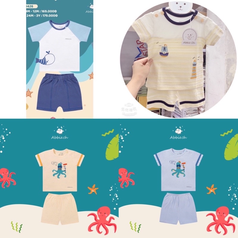 Abbie oh Bộ cộc in hình phối kẻ cho bé teai