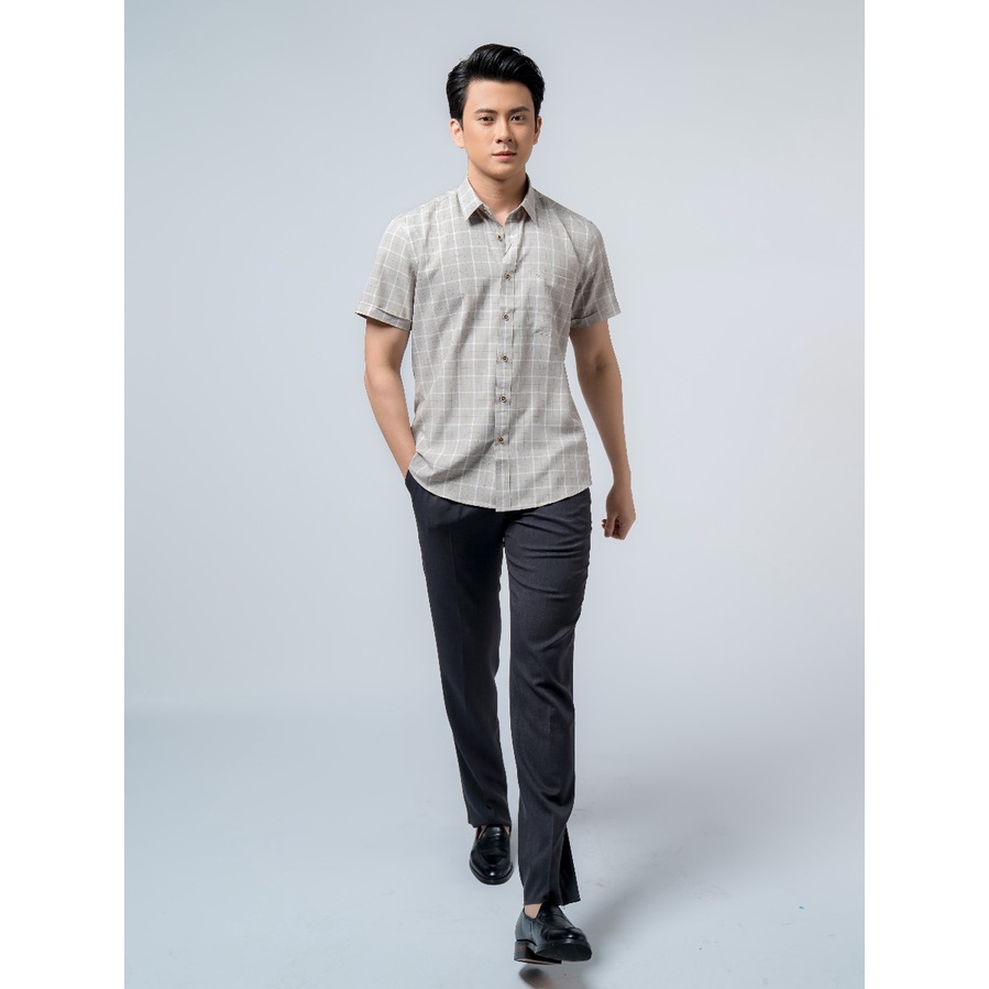 Áo Sơ Mi Nam Ngắn Tay OWEN AR220108NT Somi Công Sở Cao Cấp Màu Kẻ Caro Nâu Be Vải Sợi Café Dáng Suông Tà Lượn Có Túi