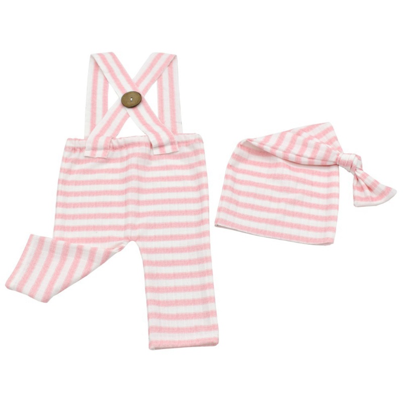 Bộ 2 Món Áo Liền Quần + Mũ Thắt Nút Họa Tiết Kẻ Sọc + Mũ Làm Phụ Kiện Chụp Ảnh Cho