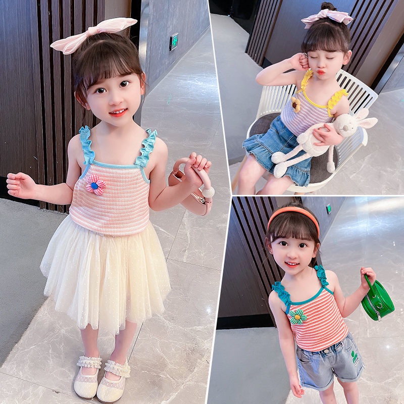 Áo Hai Dây Bằng Cotton Màu Trơn Phong Cách Nhật Bản Thời Trang Mùa Hè Dễ Thương Cho Bé Gái