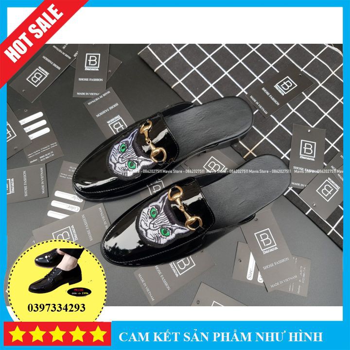 Sục nam da bóng cao cấp phong cách trẻ trung, Giày sục nam thêu hình mèo mũi tròn đẹp đế cao su đúc - Mã SM01