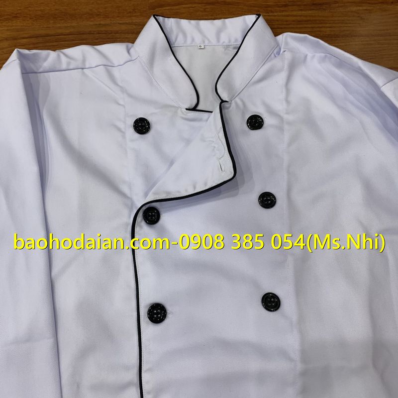 Áo đầu bếp dài tay vải kaki thoáng mát phối viền đen sang trọng