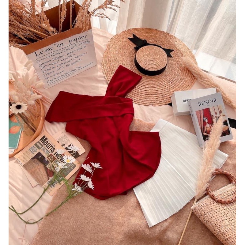 Set áo rớt vai + chân váy xếp ly | BigBuy360 - bigbuy360.vn