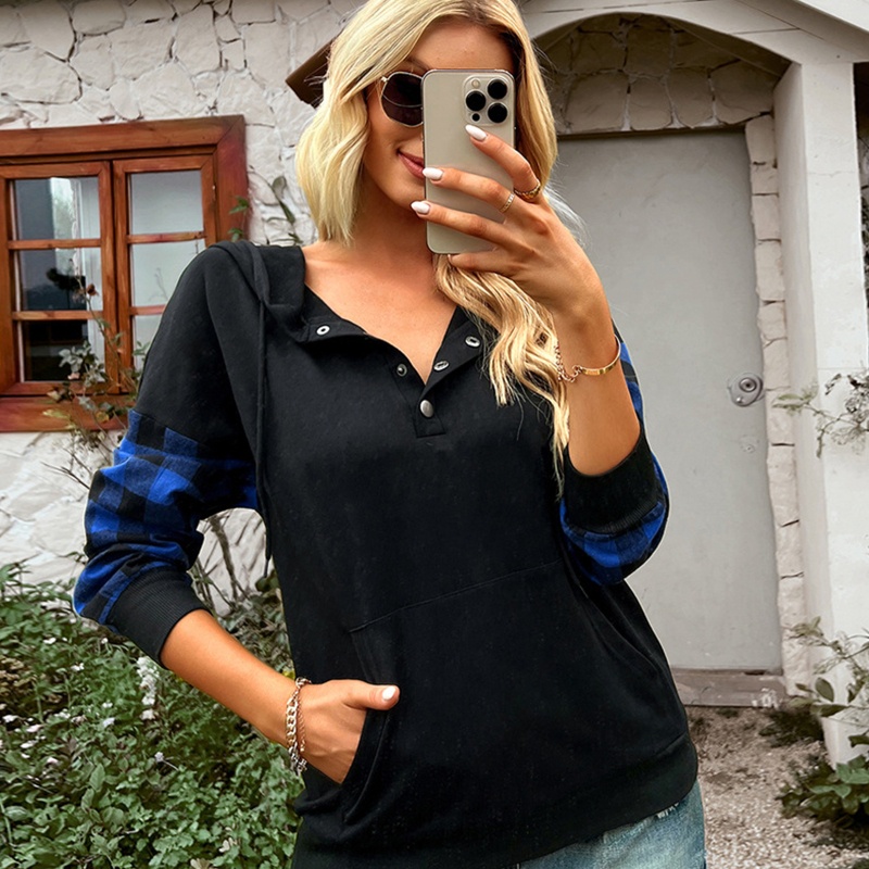 Xiangbao Áo Hoodie Cổ Chữ V Có Túi Phối Nút Đơn Giản Dành Cho Nữ