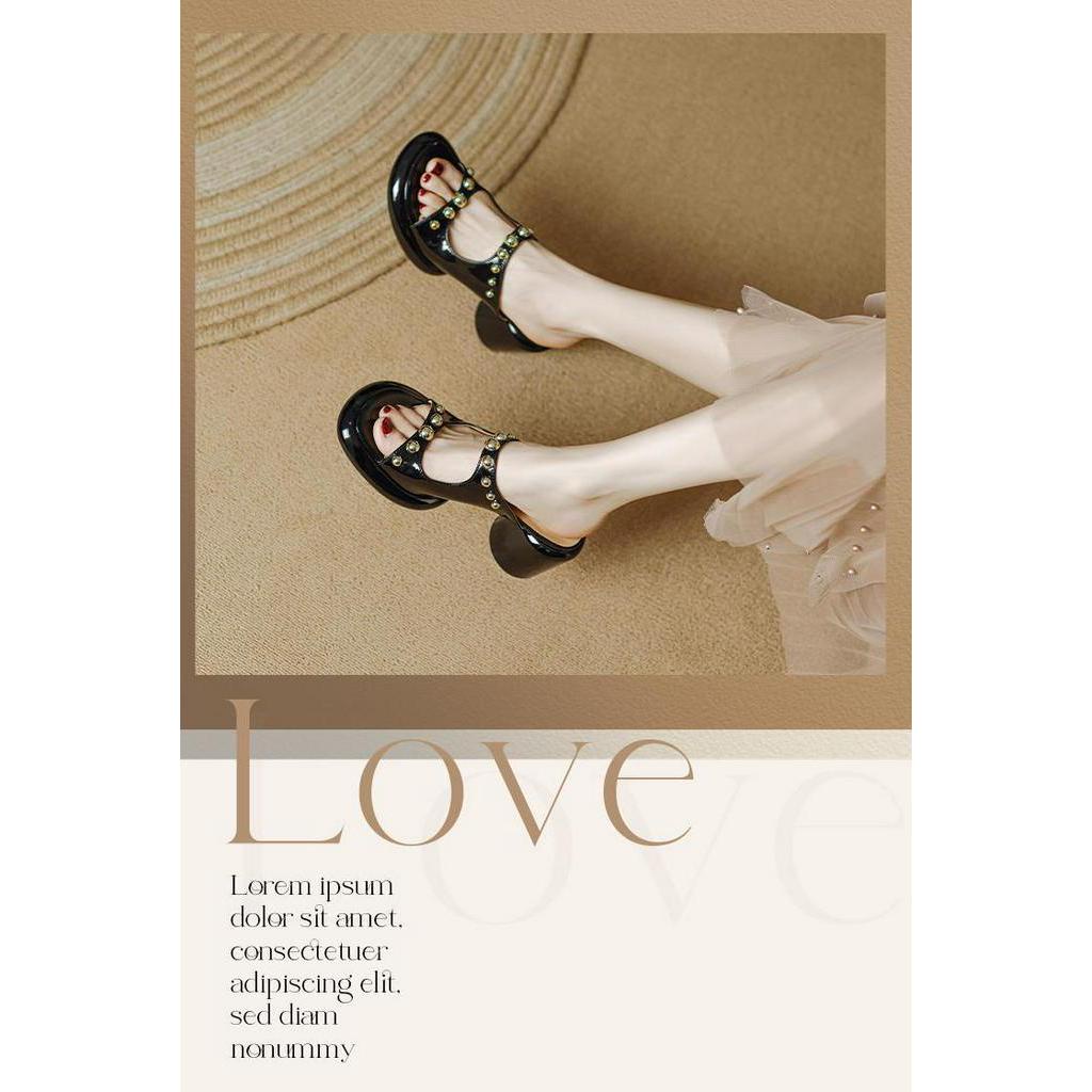 🎀 Dép Cao Gót Hở Mũi Đính Đinh Tán Thời Trang Cho Nữ  Dép đi trong nhà hở đầu dành cho phụ nữ Mặc bên ngoài Mùa hè Mới dày-Miệng cá có gót cao 2023 Đinh tán mới Dép nửa hỗ trợ