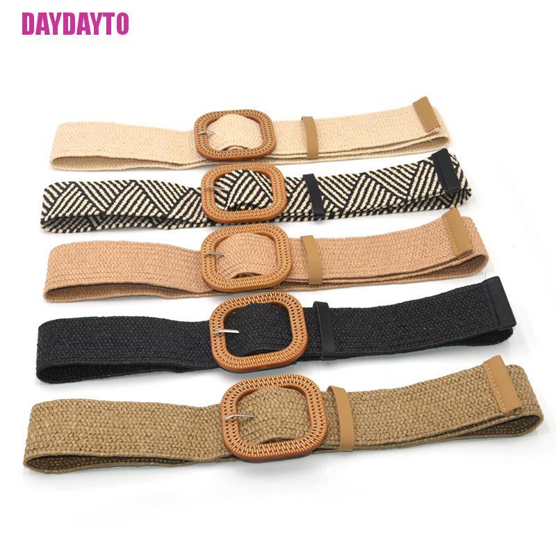 Thắt Lưng Rơm Đan Co Giãn Phối Khóa Vuông Phong Cách Boho Cổ Điển Thời Trang Mùa Hè Cho Nữ