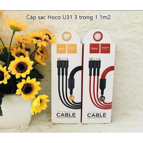 ( 3in1 ) Cáp Sạc HOCO U31 - 3 Đầu (Lightning/Micro/Type-C) - Dây Dù - Siêu Bền - Chính Hãng