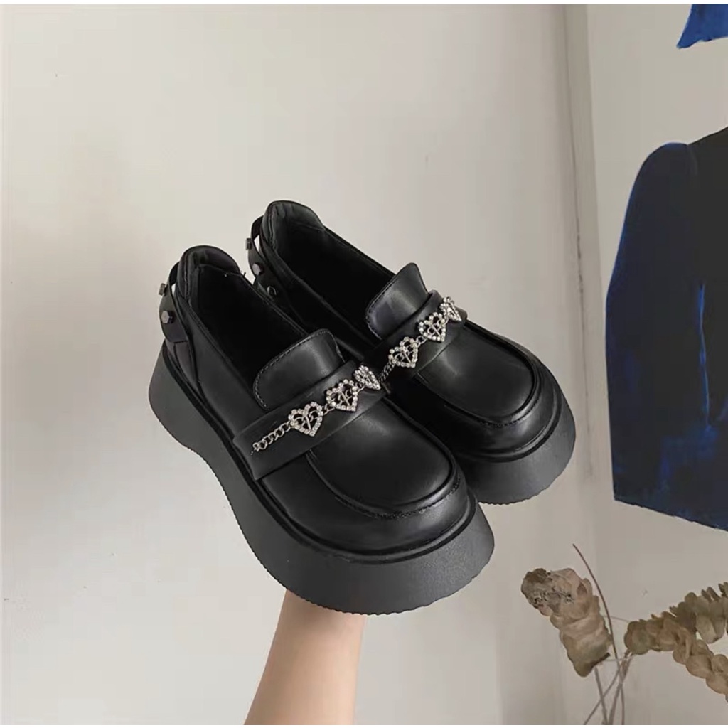 Giày da nữ Mary Jane độn đế đính đá dễ thương