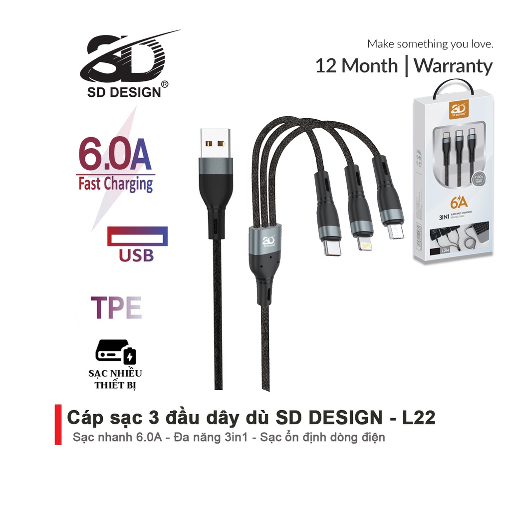 Cáp Sạc 3 Đầu L22 SD Design đa năng 3in1-Micro-Type C Dây Dù Sạc cho Samsung Oppo Xiaomi ip