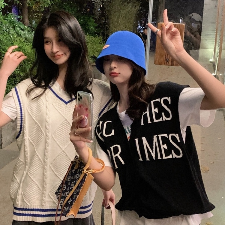 Áo dệt kim SUXI sát nách dáng rộng cổ chữ V in chữ phong cách Hàn Quốc thời trang mùa hè cho nữ