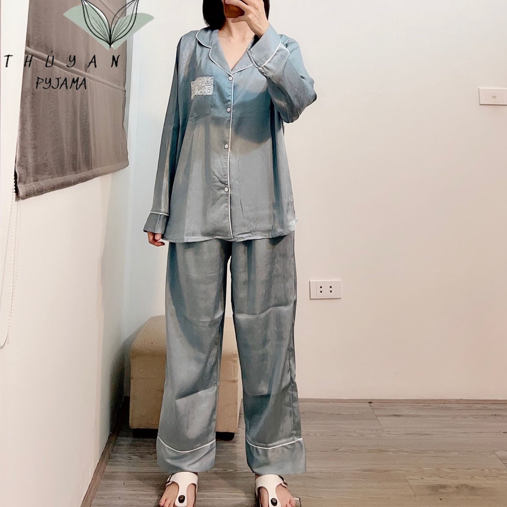 Bộ Pijama nữ bigsize màu xanh ghi ngọc tay dài chất lụa xước vân gỗ ko nhăn dành cho nữ, mẹ bầu 60 - 90kg