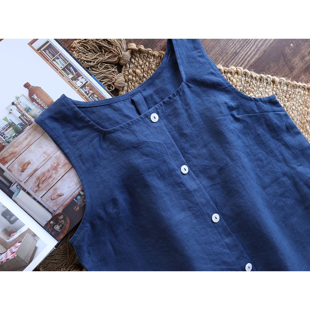 Áo Thun Sát Nách 100% Cotton Nguyên Chất Dáng Rộng Cài Nút Thời Trang Mùa Hè Cho Nữ