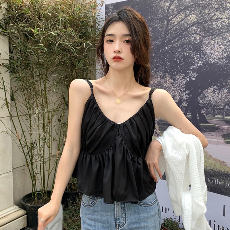 Áo Hai Dây Cổ Chữ V Nhún Bèo Họa Tiết Hoa Phong Cách Pháp Xinh Xắn Cho Nữ