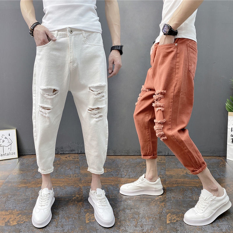 【Spot】Quần Jean Bút Chì Chín Tấc Mỏng Dáng Rộng Rách Lỗ Rách Mùa Hè Cho Nam