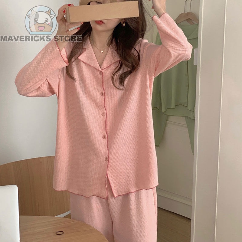 Bộ đồ ngủ tay dài màu xanh lá dễ thương phong cách Nhật Bản giản dị thời trang mùa thu cho nữ