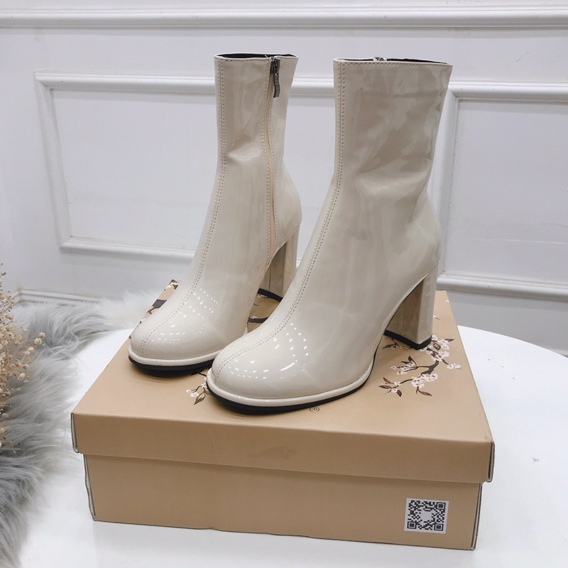 Bốt nữ Boots cao cổ mũi tròn da bóng gót trụ vuông cao 9p hàng cao cấp fullbox