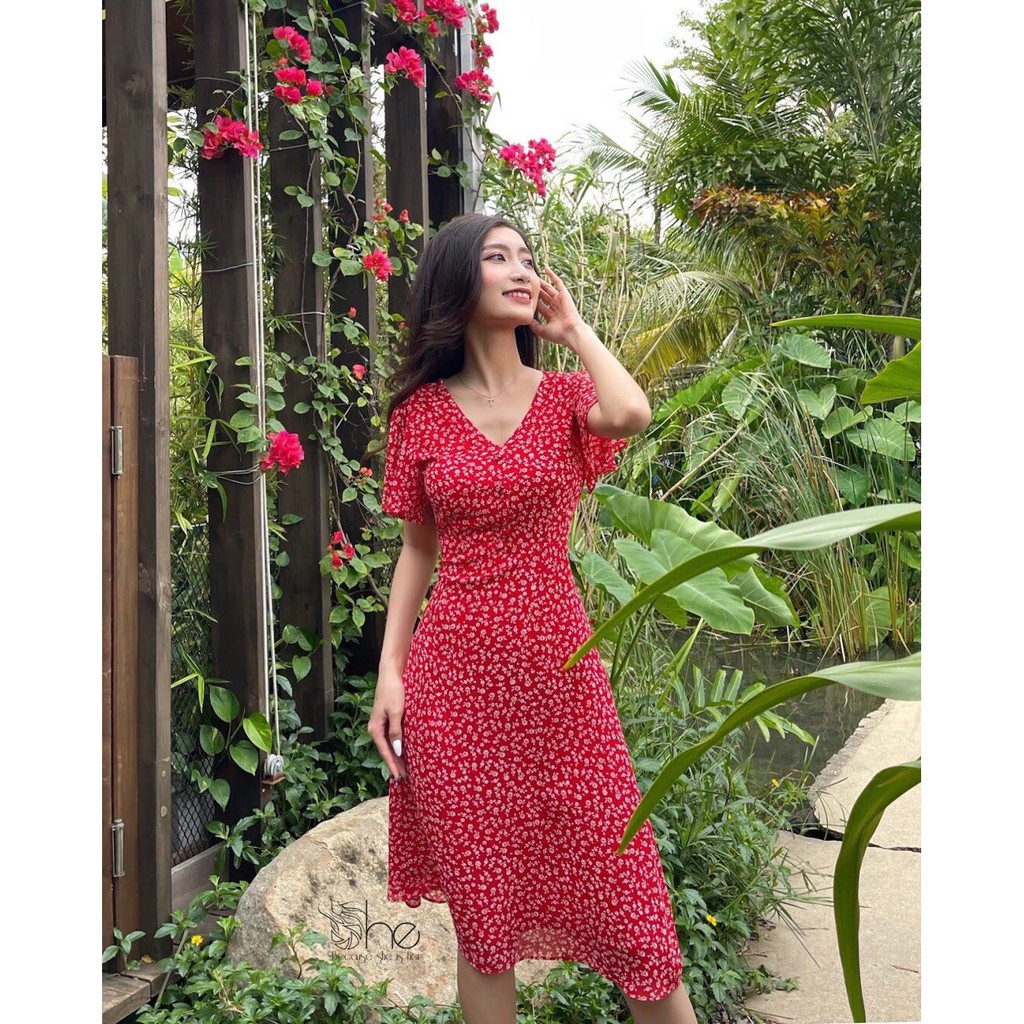 Váy hoa nhí voan bánh bèo xinh She, đầm nữ tiểu thư chữ A dài thiết kế SDX77 | BigBuy360 - bigbuy360.vn