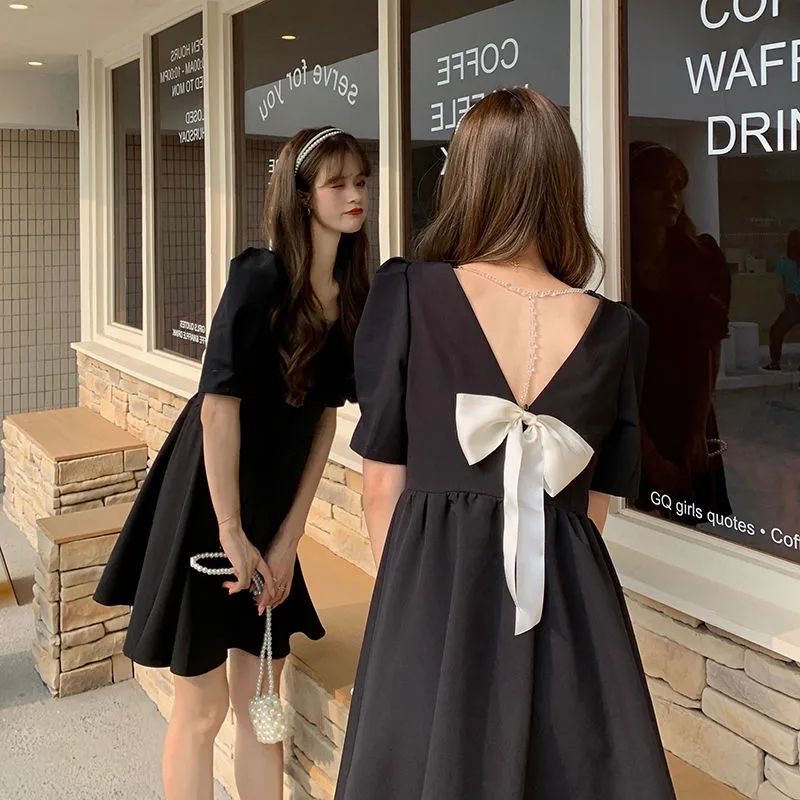 Đầm PERTY tay ngắn phồng thắt nơ sau lưng phong cách Hàn Quốc xinh xắn thời trang dành cho nữ