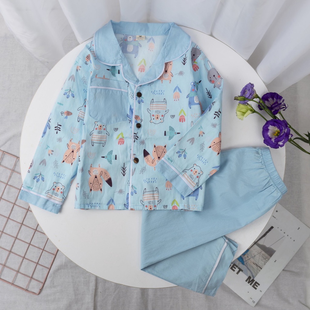Bộ quần áo trẻ em dài tay Bộ pijama Chất liệu thô hàn cho bé gái từ 18-30kg PIKA KIDS