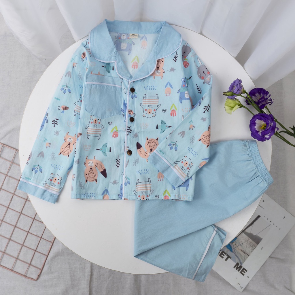 Bộ quần áo trẻ em dài tay Bộ pijama Chất liệu thô hàn cho bé gái từ 18-30kg PIKA KIDS