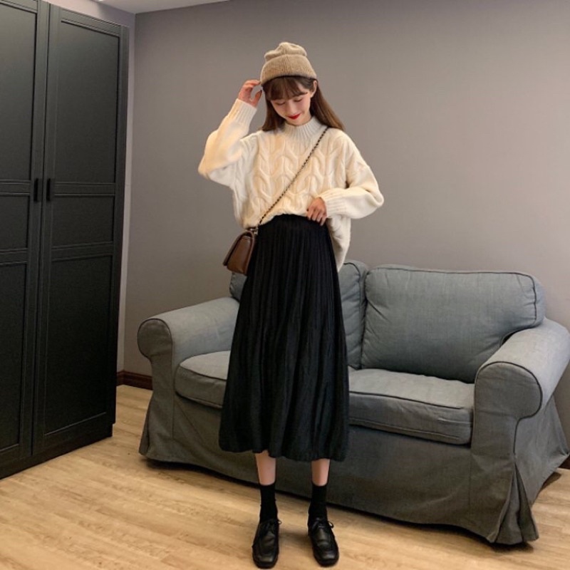 Chân váy voan trắng midi dáng dài xếp ly nhăn nhẹ nhàng vintage Hàn Quốc