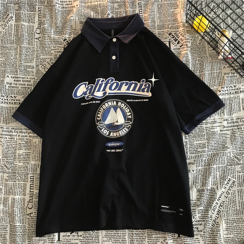 Polo Tay Lỡ Unisex Phong Cách Cá Tính,Áo Thun Cổ Bẻ Nam Nữ California Cotton Thoáng Mát
