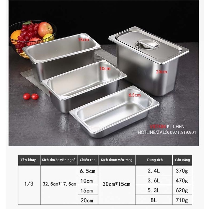 Khay đựng thạch trà sữa inox 304 GN 1/3 sâu 15cm có nắp